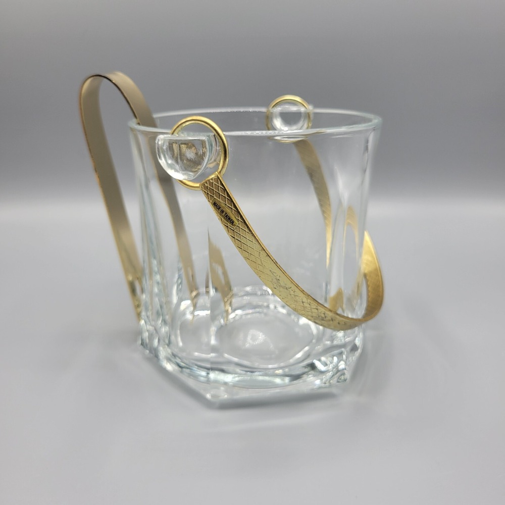 Vintage Shiah Yih Heavy Clear Glass Ice Bucket Gold Tone Tongs and Handle Taiwan